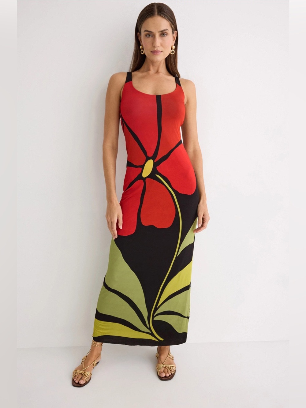 CALA de la CRUZ Solange Maxi Dress Red Black Floral Sundress Sleeveless Sun M
